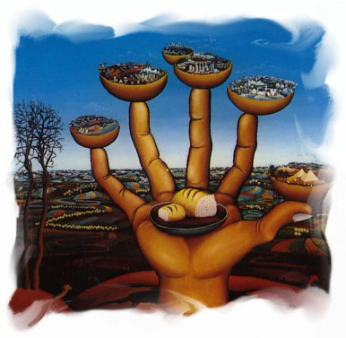 Brot für die Welt: Eine Hand hält das Brot für die Welt als fünf Kontinente auf fünf Fingern dargestellt